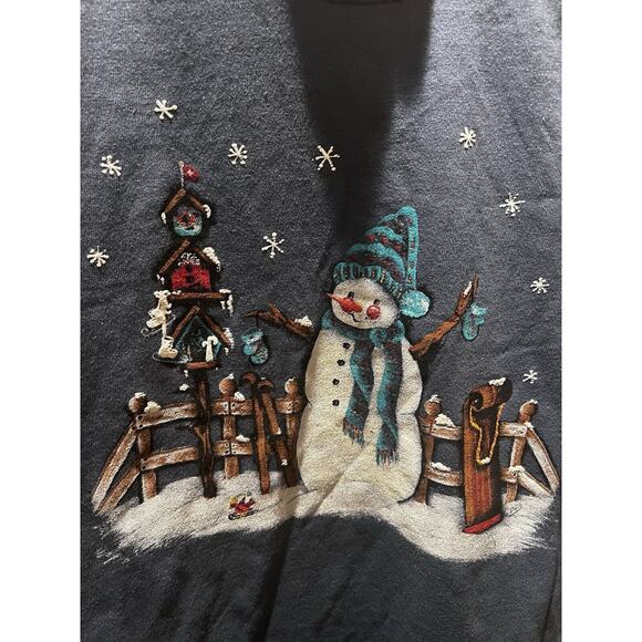 Cotton Deluxe Vintage Snowman With Cardinal Bird Blue Sweatshirt Sz Large - Picture 3 of 7